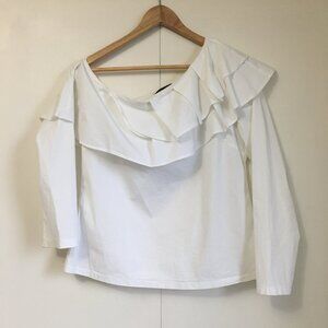 Clean White Cotton Blend Pleated Bib Collar One Shoulder Blouse